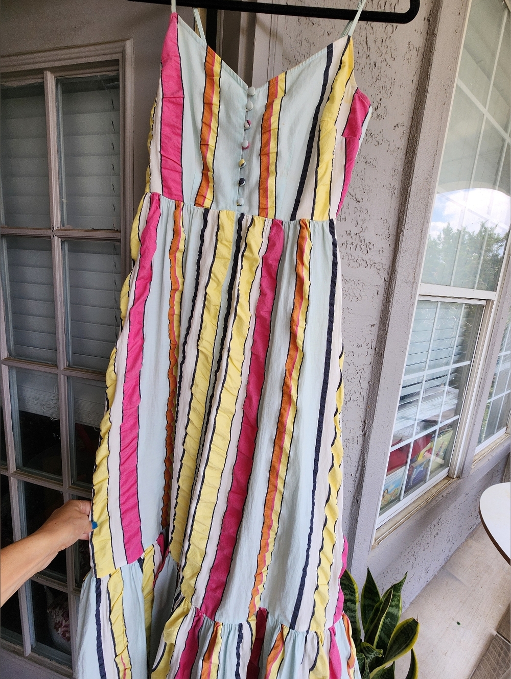 J Crew Tiered Seer Sucker Cotton Crinkle Pink & Yellow Striped Maxi Dress B12